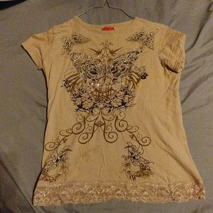 Tan sparkling tee- shirt with lace bottom